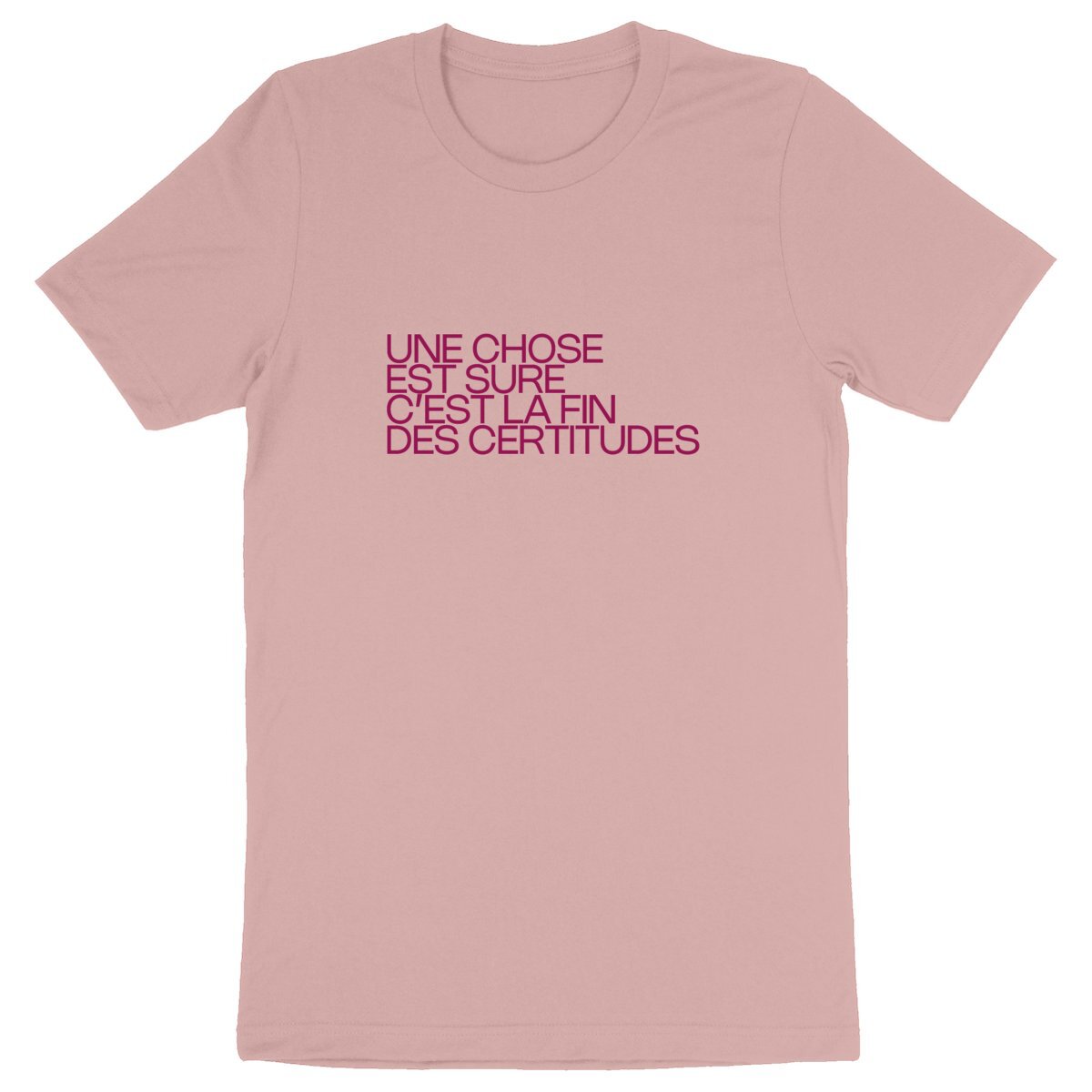 Ecological custom tee shirt, purple Schifres quote, front visual_Pink