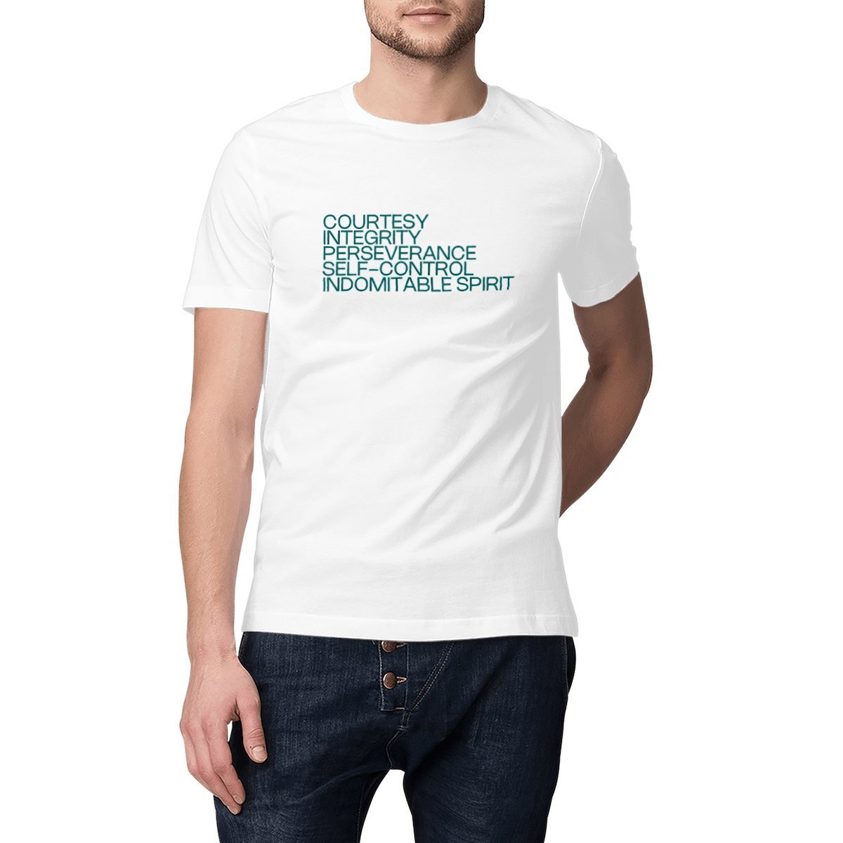 Ecological custom tee shirt, dark green quote, front visual_White