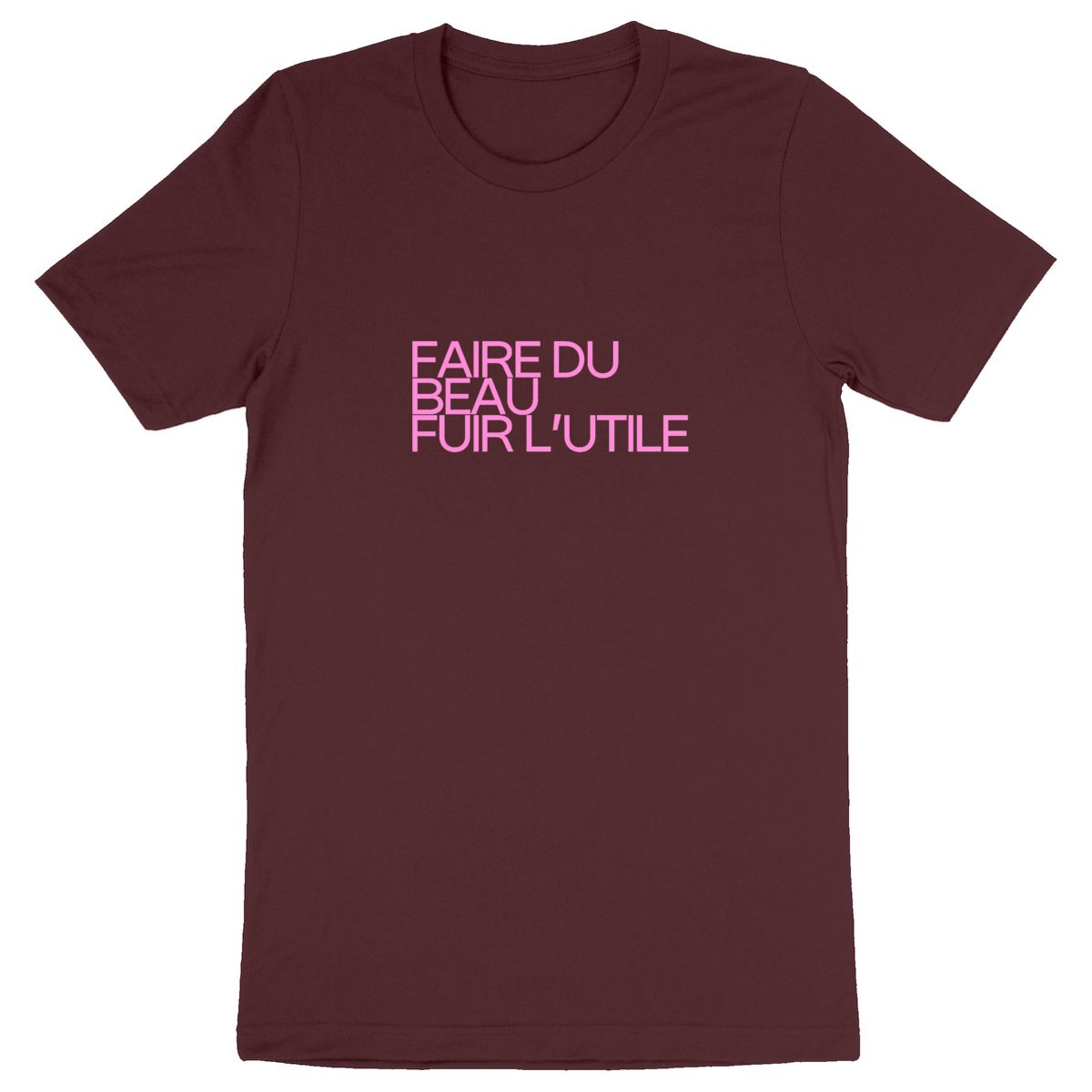 Ecological custom tee shirt, pink quote, front visual_Burgundy