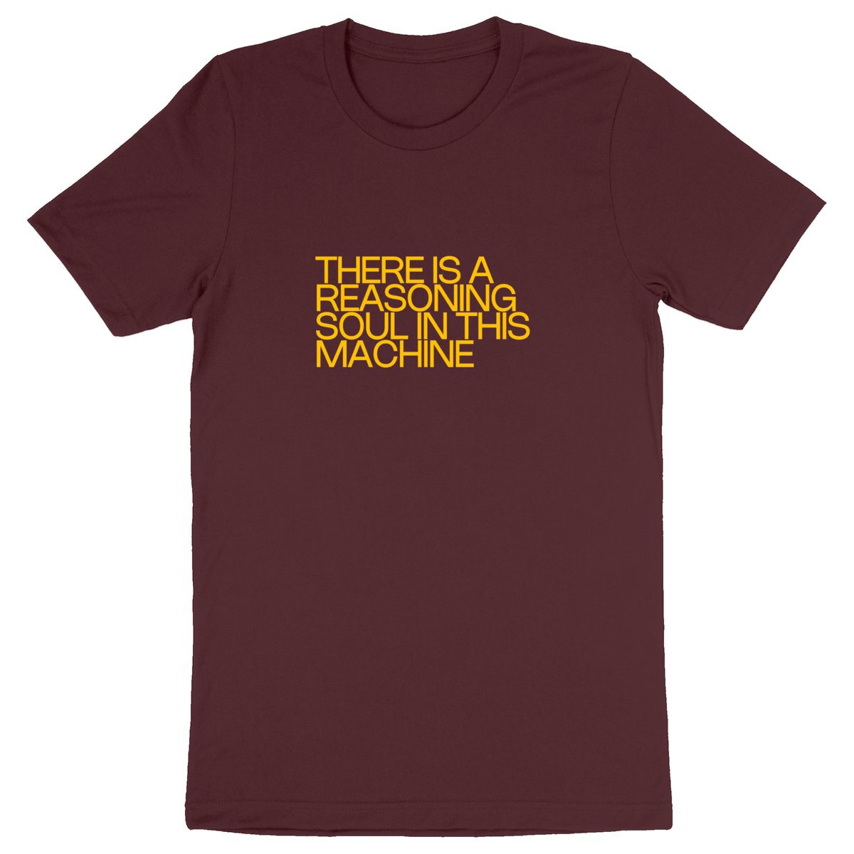 Ecological custom tee shirt, yellow Descartes quote, front visual_Burgundy