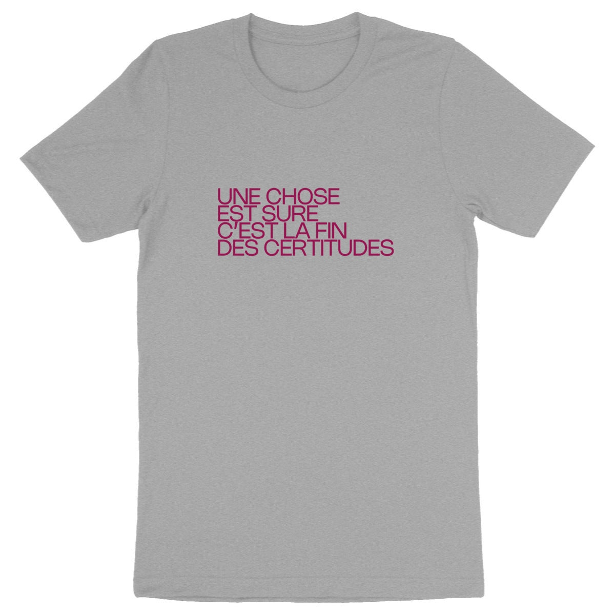 Ecological custom tee shirt, purple Schifres quote, front visual_Grey