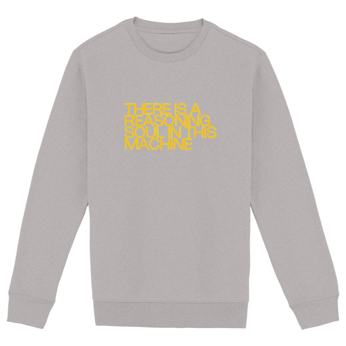 Ecological custom sweat shirt, yellow Descartes quote, front visual_Heathergrey