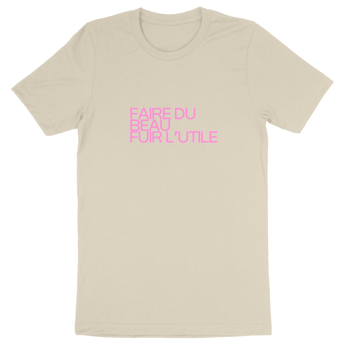 Ecological custom tee shirt, pink quote, front visual_Natural