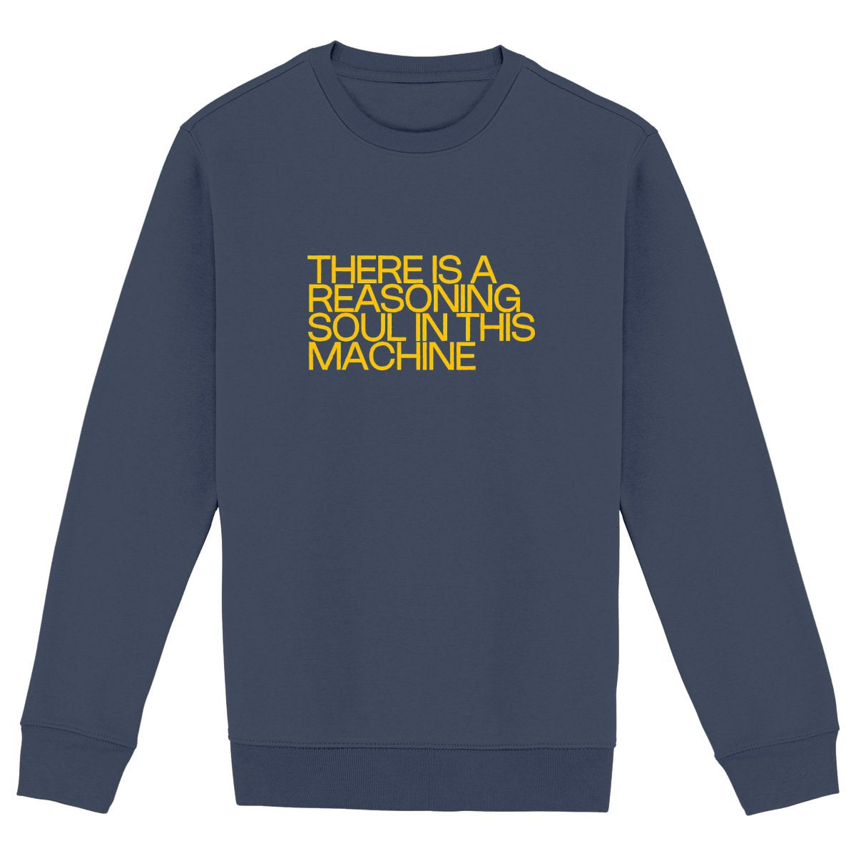 Ecological custom sweat shirt, yellow Descartes quote, front visual_Navy