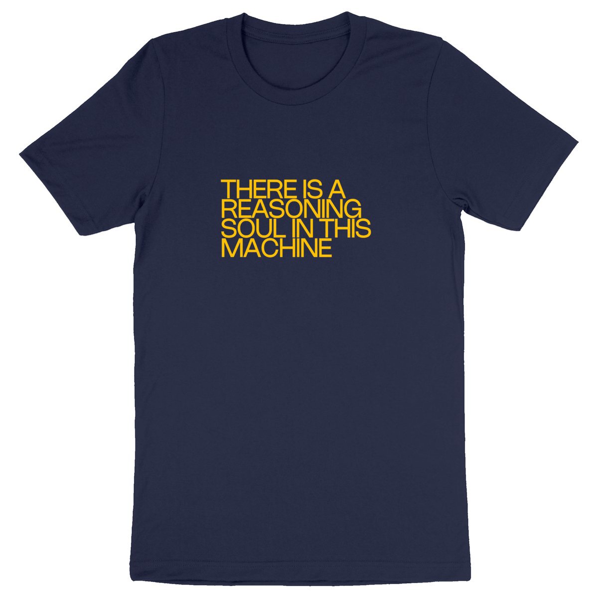 Ecological custom tee shirt, yellow Descartes quote, front visual_Navy