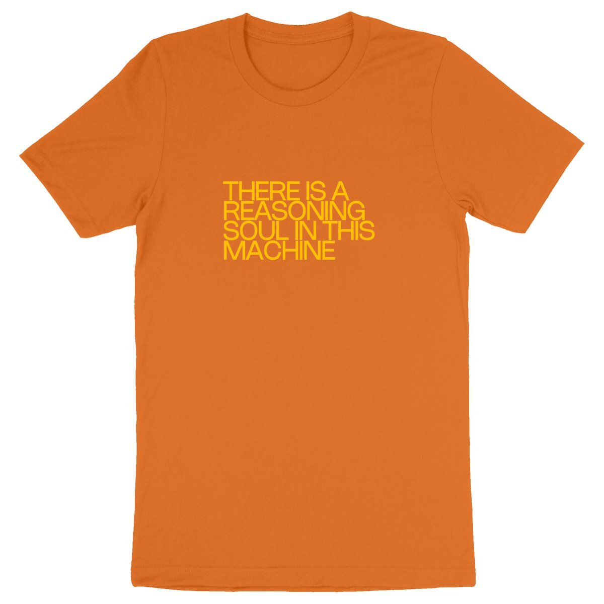 Ecological custom tee shirt, yellow Descartes quote, front visual_Orange