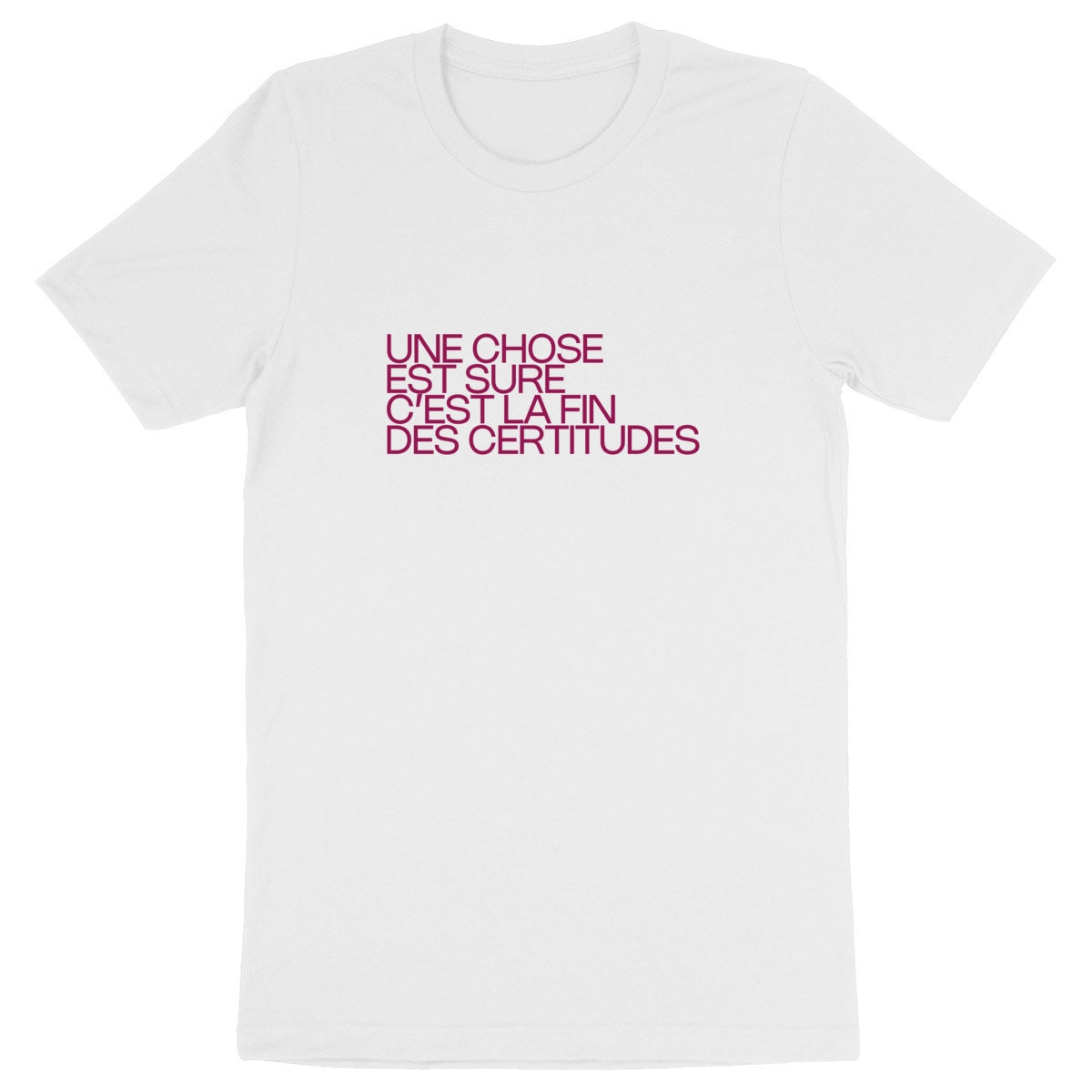 Ecological custom tee shirt, purple Schifres quote, front visual_White