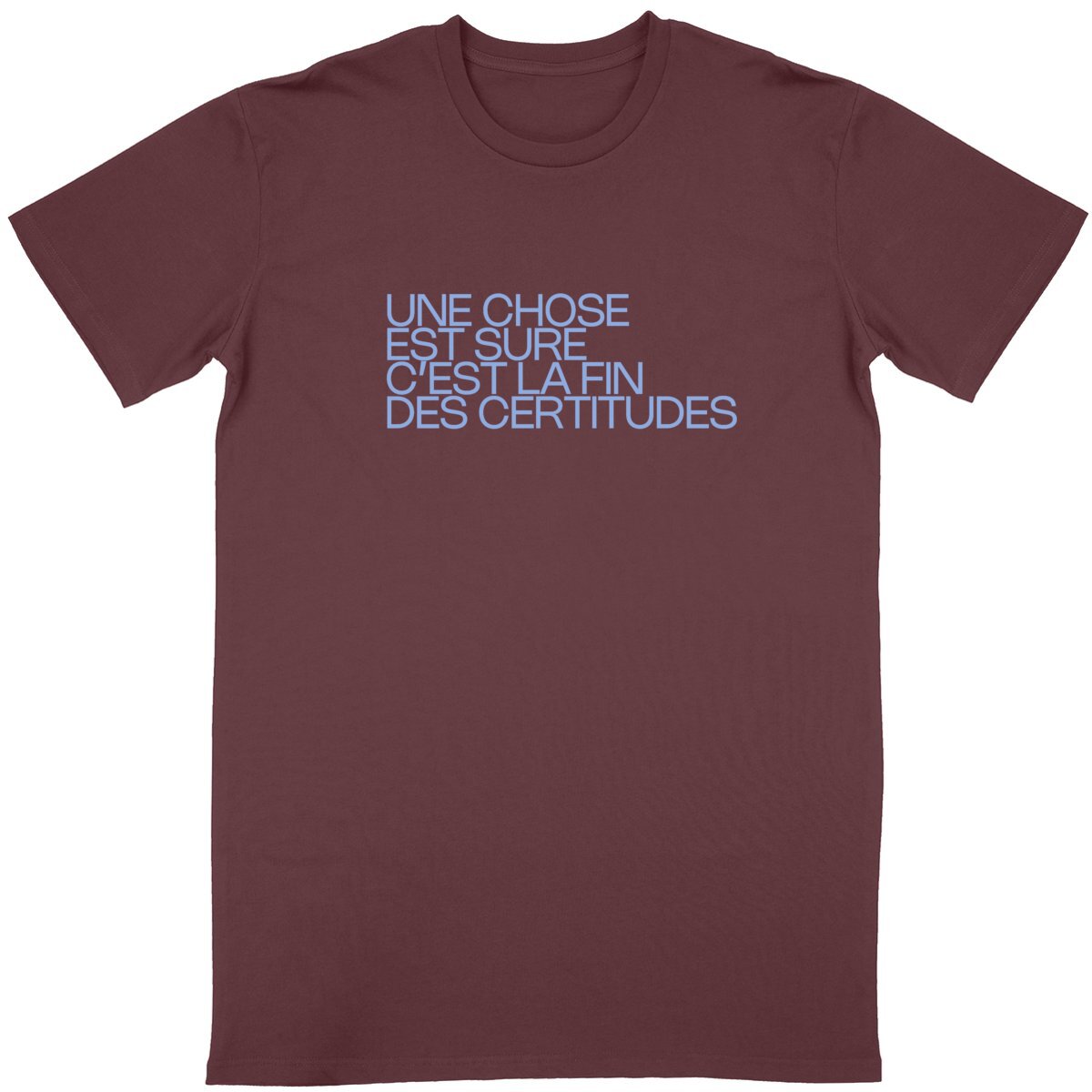 Ecological custom tee shirt, blue Schifres quote, promotion, front visual_Burgundy