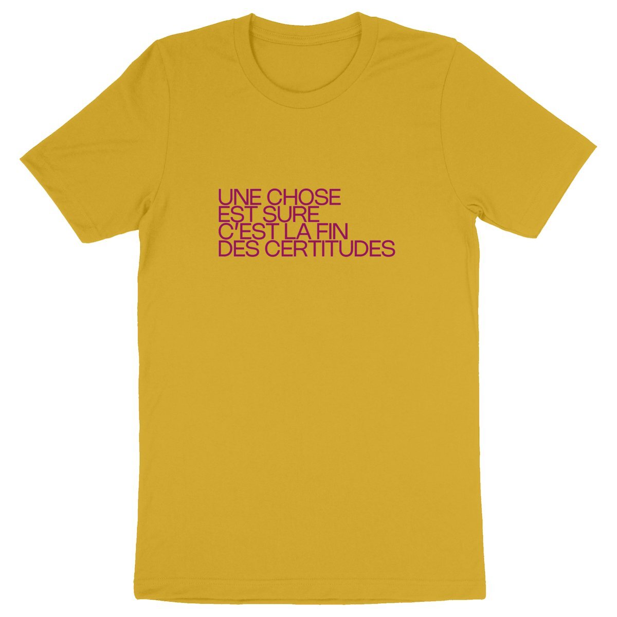 Ecological custom tee shirt, purple Schifres quote, front visual_yellow