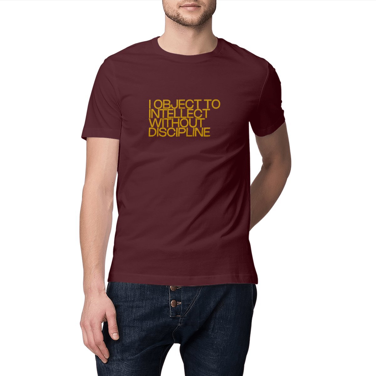 Ecological custom tee shirt, yellow Spock quote, front visual_Burgundy