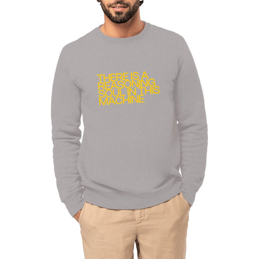 Ecological custom sweat shirt, yellow Descartes quote, front visual_Heathergrey