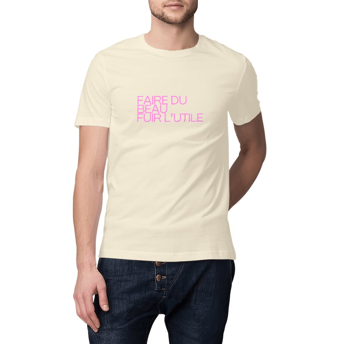 Ecological custom tee shirt, pink quote, front visual_Natural