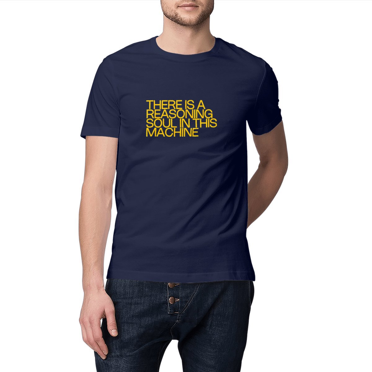 Ecological custom tee shirt, yellow Descartes quote, front visual_Navy