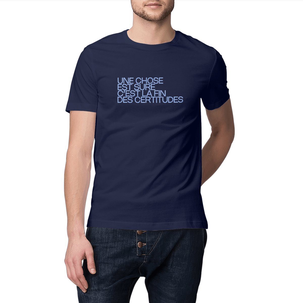 Ecological custom tee shirt, blue Schifres quote, promotion, front visual_Navy