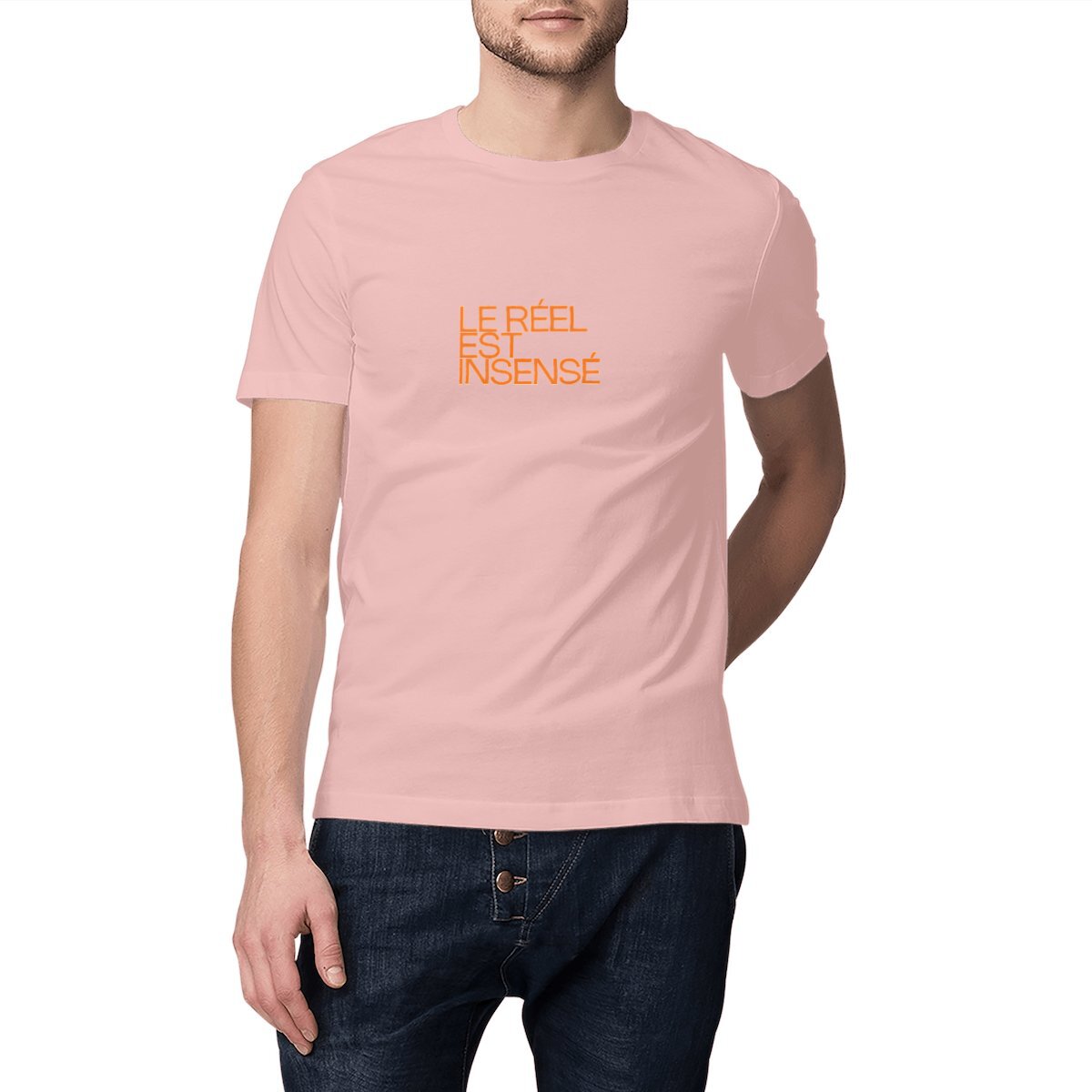 Ecological custom tee shirt, Orange Kaestner quote, front visual_Pink